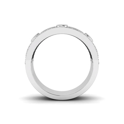 Vintage round lab grown diamond eternity band with milgrain detailing, bezel-set motifs, and pavé diamond edges in white gold