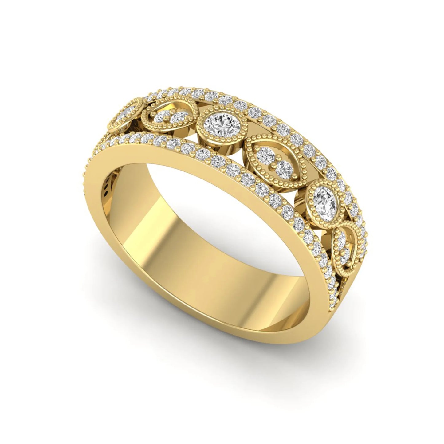 Vintage round lab grown diamond eternity band with milgrain detailing, bezel-set motifs, and pavé diamond edges in yellow gold