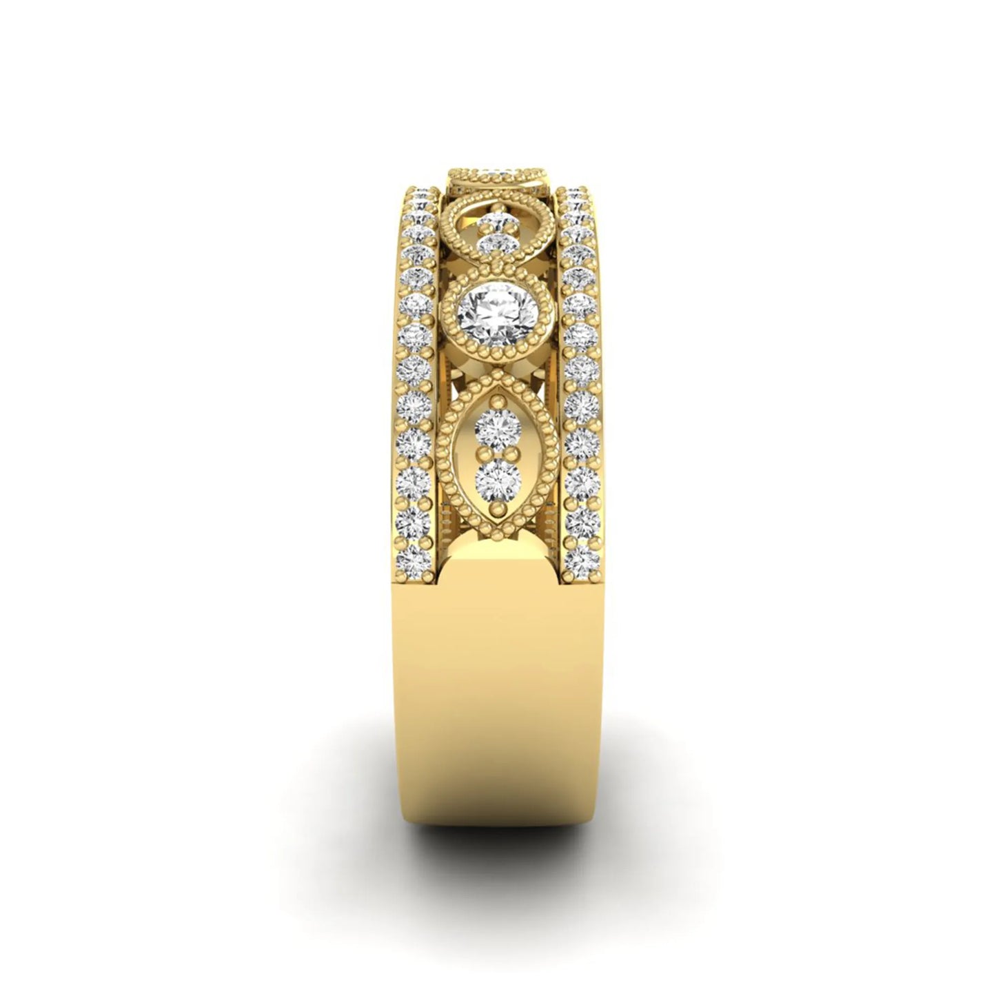 Vintage round lab grown diamond eternity band with milgrain detailing, bezel-set motifs, and pavé diamond edges in yellow gold