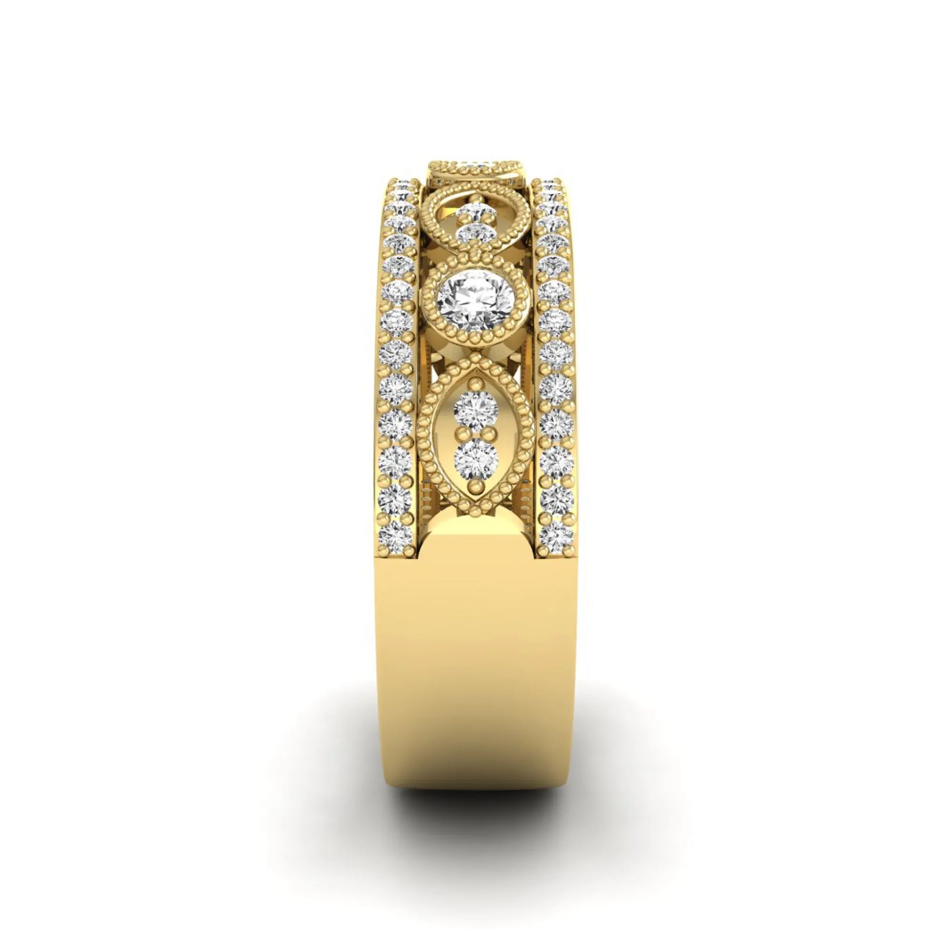 Vintage round lab grown diamond eternity band with milgrain detailing, bezel-set motifs, and pavé diamond edges in yellow gold