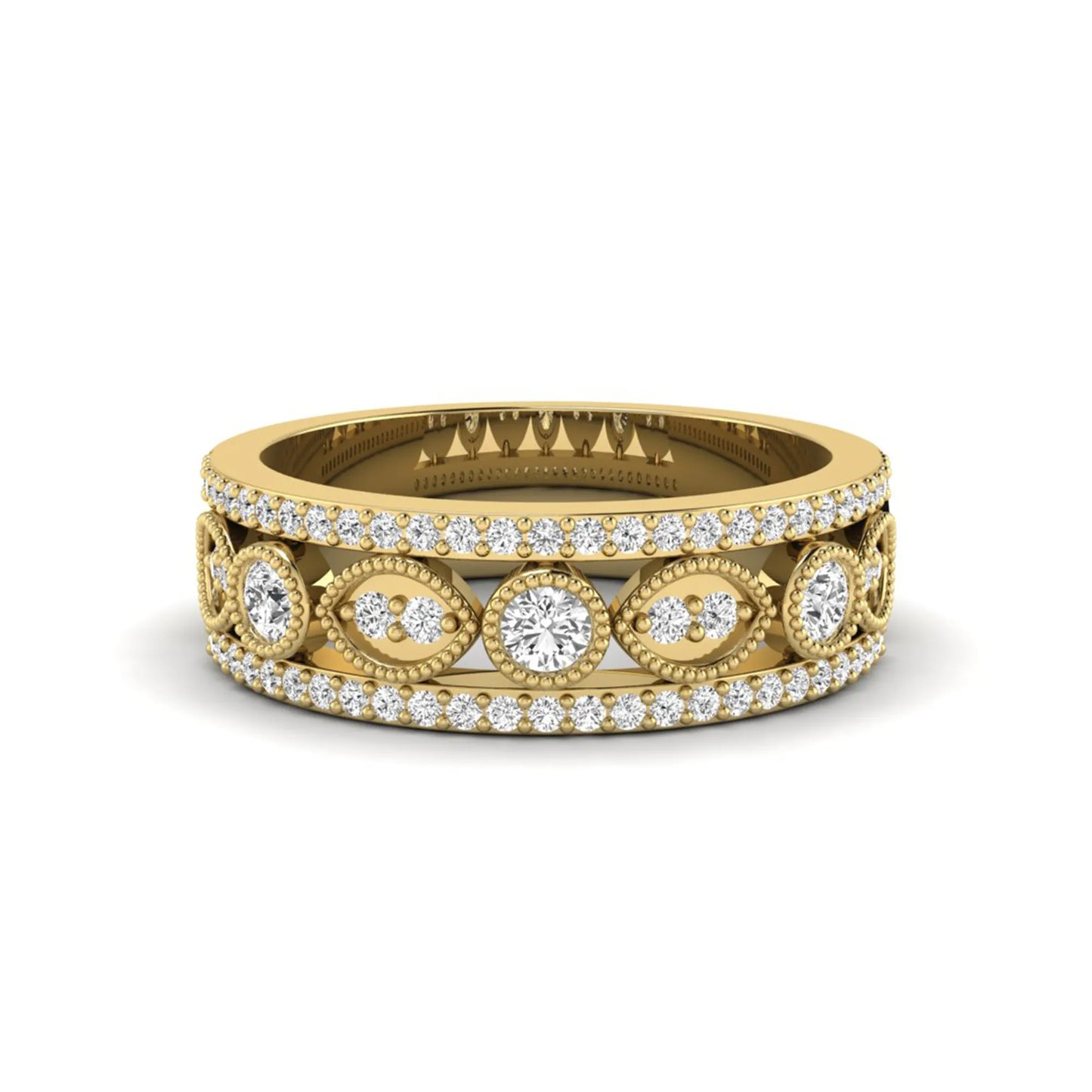 Vintage round lab grown diamond eternity band with milgrain detailing, bezel-set motifs, and pavé diamond edges in yellow gold