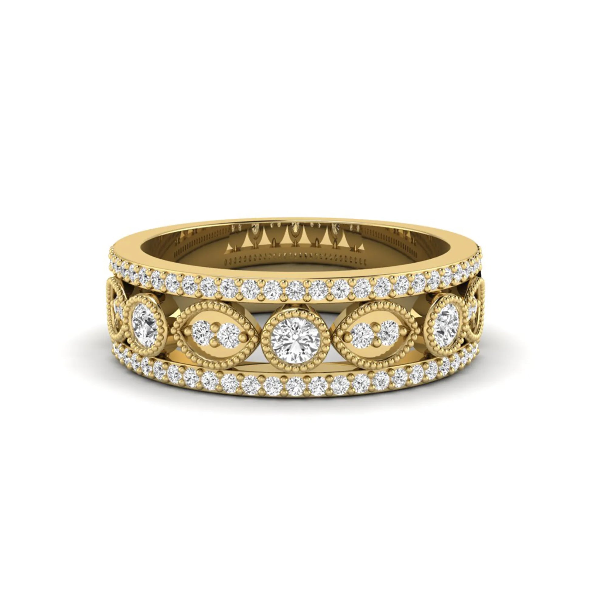 Vintage round lab grown diamond eternity band with milgrain detailing, bezel-set motifs, and pavé diamond edges in yellow gold