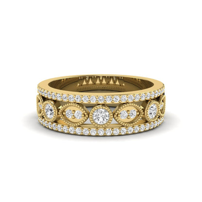 Vintage round lab grown diamond eternity band with milgrain detailing, bezel-set motifs, and pavé diamond edges in yellow gold