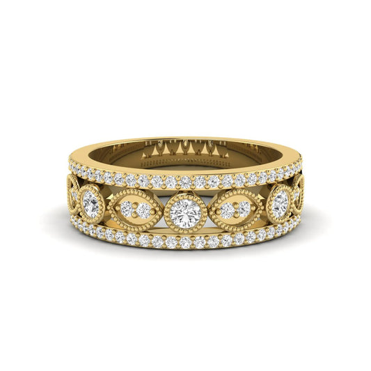 Vintage round lab grown diamond eternity band with milgrain detailing, bezel-set motifs, and pavé diamond edges in yellow gold