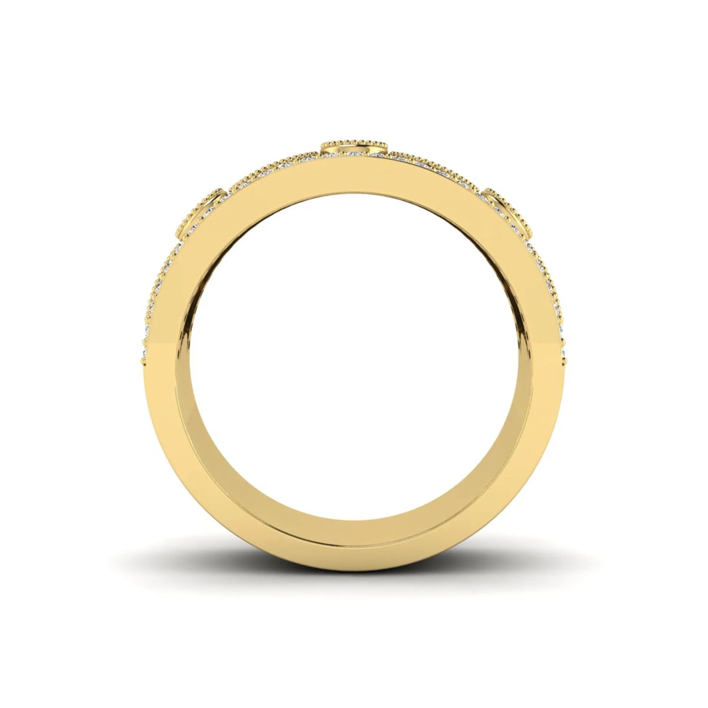 Vintage round lab grown diamond eternity band with milgrain detailing, bezel-set motifs, and pavé diamond edges in yellow gold
