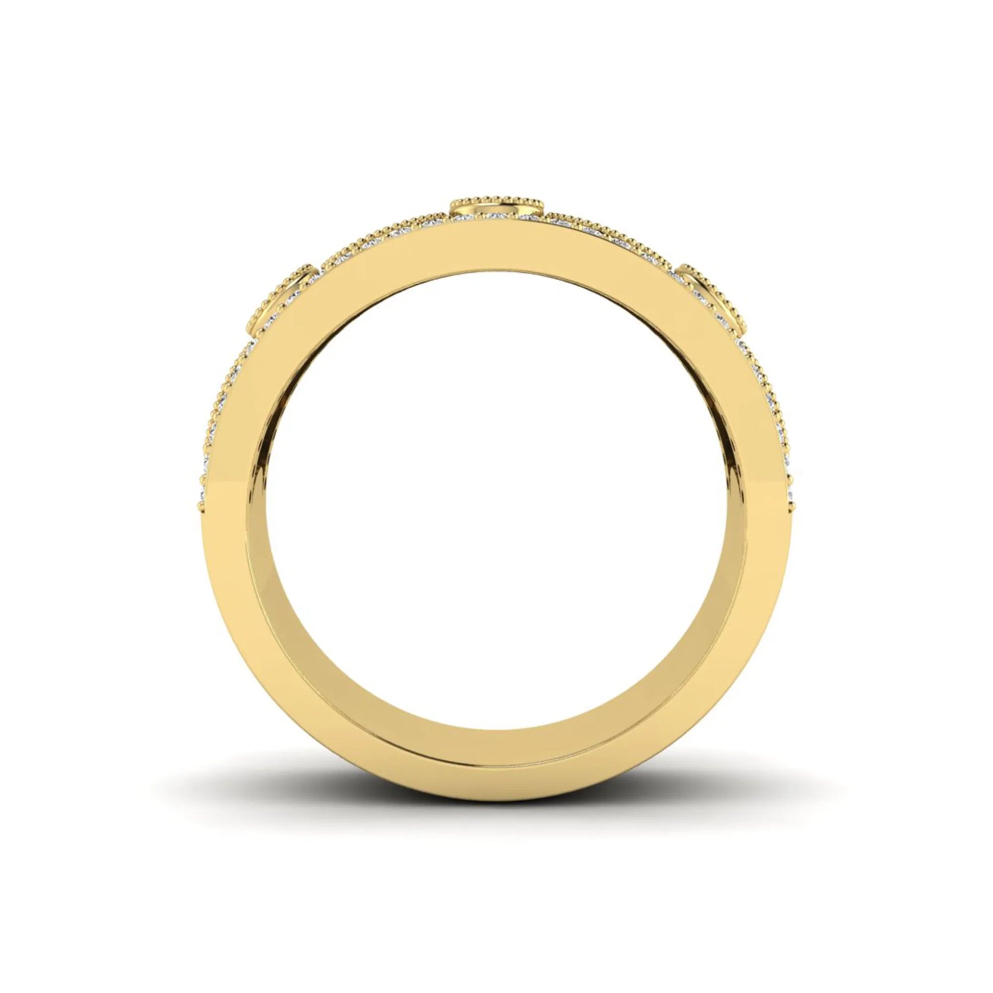 Vintage round lab grown diamond eternity band with milgrain detailing, bezel-set motifs, and pavé diamond edges in yellow gold