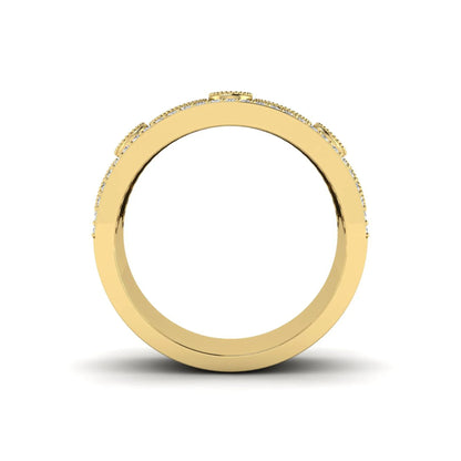 Vintage round lab grown diamond eternity band with milgrain detailing, bezel-set motifs, and pavé diamond edges in yellow gold